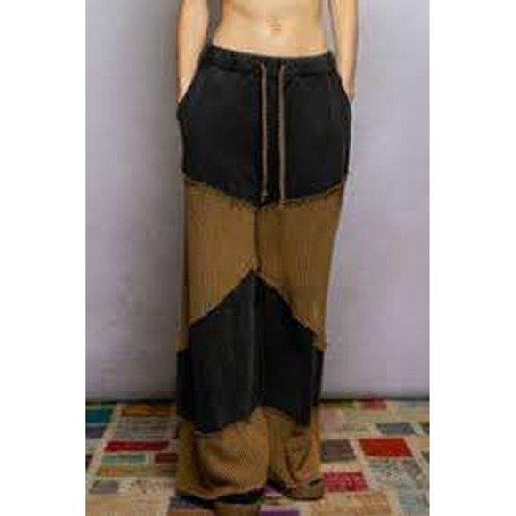 POL Pants - POL Patchwork Pants Women Large Olive Green Waffle Knit Wide Leg Boho Art Cotton